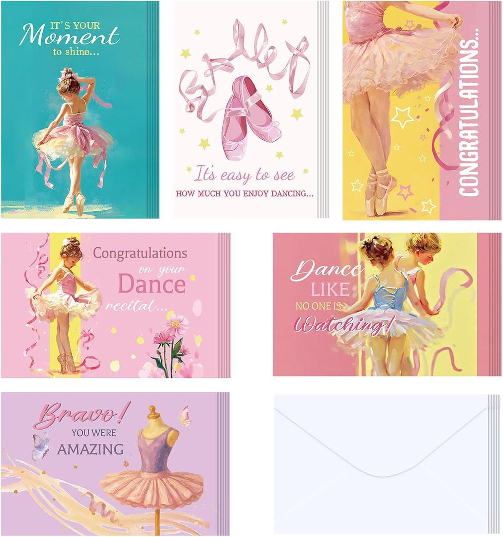 24 Pcs Dance Recital Cards for Girls Ballet Recital Congratulations Greeting Card with 24 White Envelopes for Dance Gifts Ballerina Birthday Party Favors