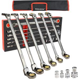 Extra Long Flex Head Ratcheting Wrench Set 6PCS Metric (8-19mm)Double Box End Wrench Set 180 Flexible Head CR-V Steel for Tight Engine Bays, with 4PCS Socket Wrench Adapters & Pouch