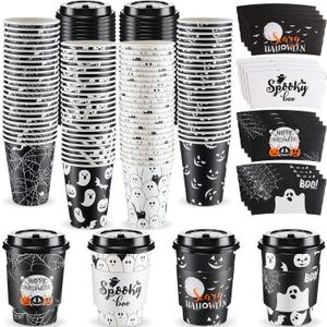 Umigy 100 Pack Halloween Disposable Coffee Cups 12 oz Paper Coffeeware with Dome Lids and Sleeves Hot Cold Beverage Coffee Juice Drinking Cups for Halloween Party Decoration(Spooky Style)