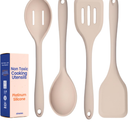 Non-Toxic Platinum Silicone Kitchen Utensil Set of 4 – Non-Scratch Cooking Spoon & Spatula, 100% Plastic Free, Stainless Steel Core, Heat Resistant 500°F, Beige