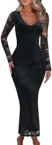 Ekaliy Women Bodycon Maxi Dress 2025 Fall Floral Lace Elegant Flare Sleeve Fitted Formal Wedding Guest Cocktail Dresses. Size Small