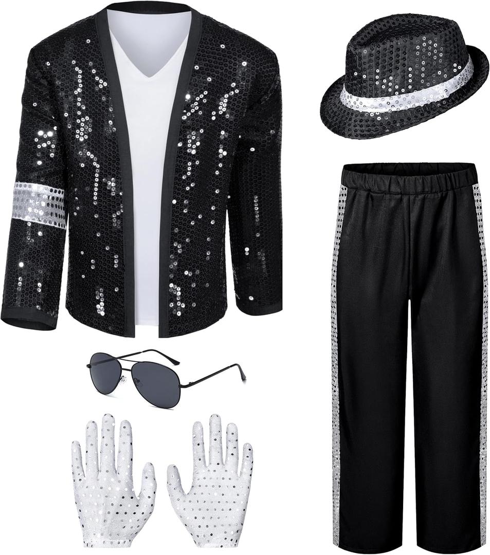 Mens Dance Star Costume for Adult 80s 90s Glitter Pop Stage Party Halloween Cosplay (Small, Black)