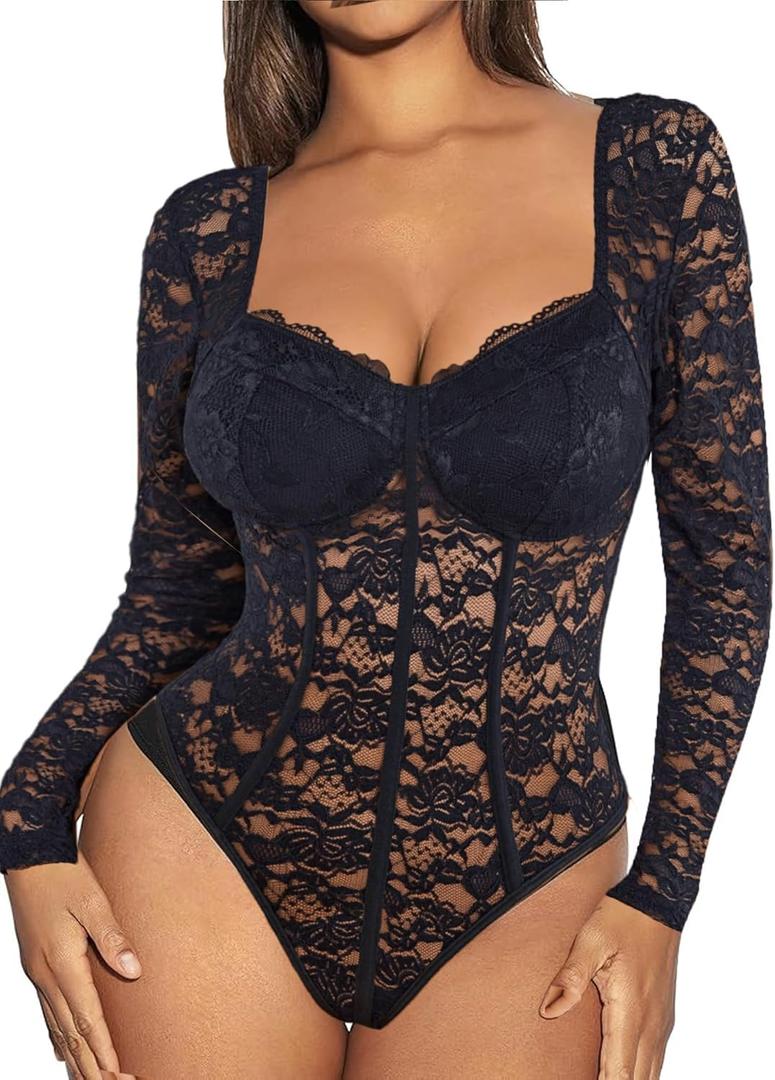 Avidlove Womens Bodysuits Long Sleeve Body Suits Womens Lace Going Out Tops One Piece Bodysuits for Women with Snap Crotch Small