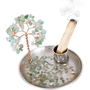 Incense Holder for Sticks, Anti-Ash Flying Incense Burner with Gemstone Money Tree Home Living Room Decorations Office Accessories for Women, Mothers Day Mom Gifts (Green Tree -14cm)