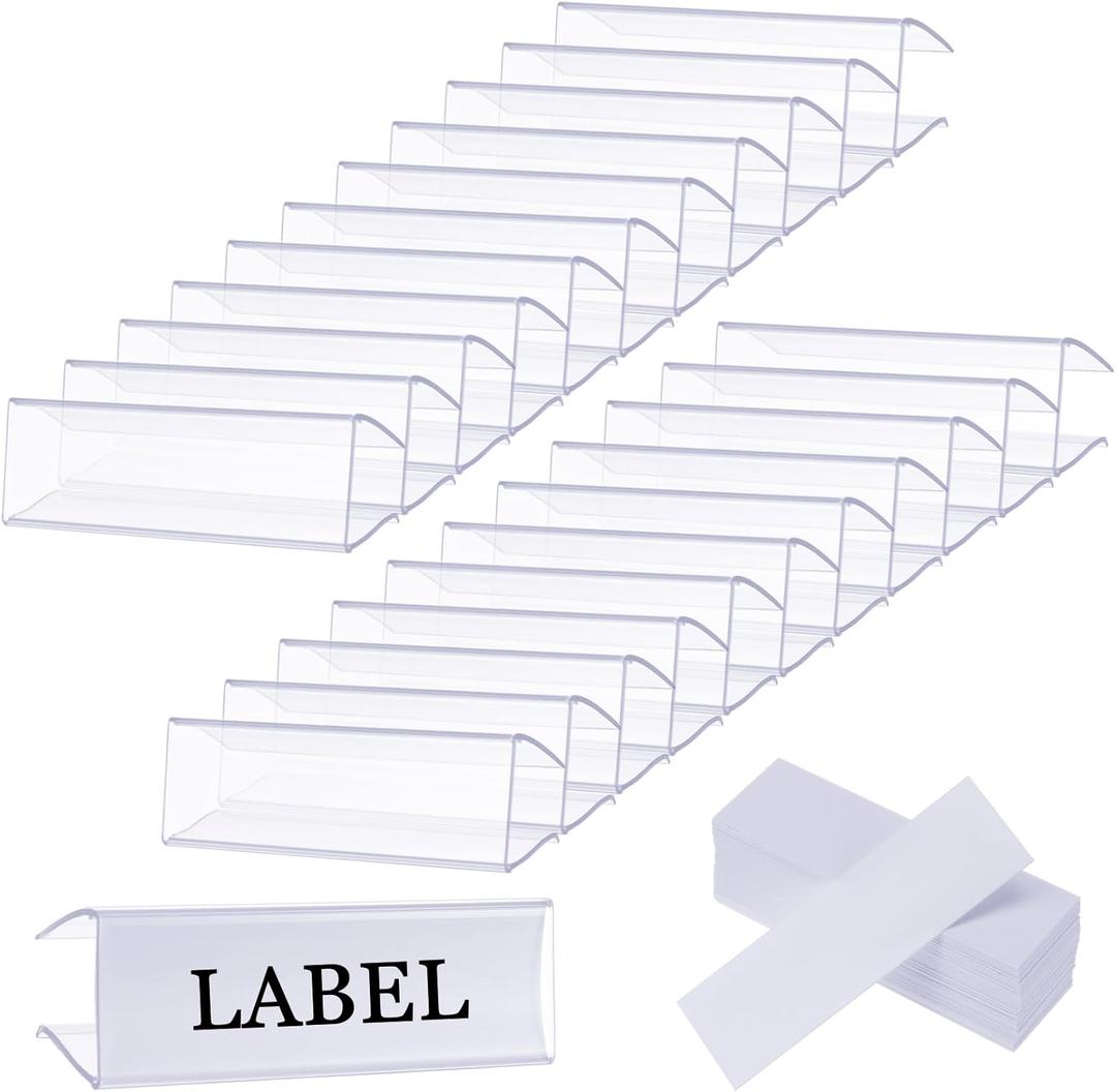 100 Pcs Plastic Label Holder with 100 Pcs Label Inserts, 3" L x1" H Clear Plastic Shelf Label Holder, Shelf Sign and Ticket Holder, Clips On to Shelves 5/8" to 3/4" Thick