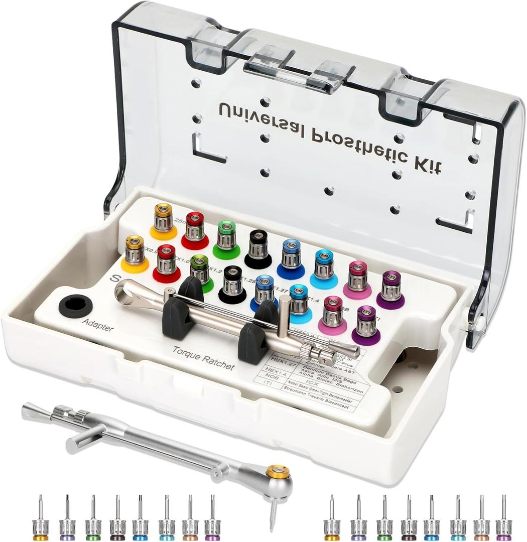 Dental Implant Torque Wrench Set Universal Prosthetic Kit Dental Implant Kit with Torque Adjustable Ratchet Screwdrivers 16pcs, Fully Autoclavable,10-70Ncm, Secure/Disassemble Implant Restorations