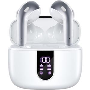 TAGRY Bluetooth Headphones True Wireless Earbuds 60H Playback LED Power Display Earphones with Wireless Charging Case IPX5 Waterproof in-Ear Ear buds with Mic for TV Smart Phone Laptop Computer Sports (White)