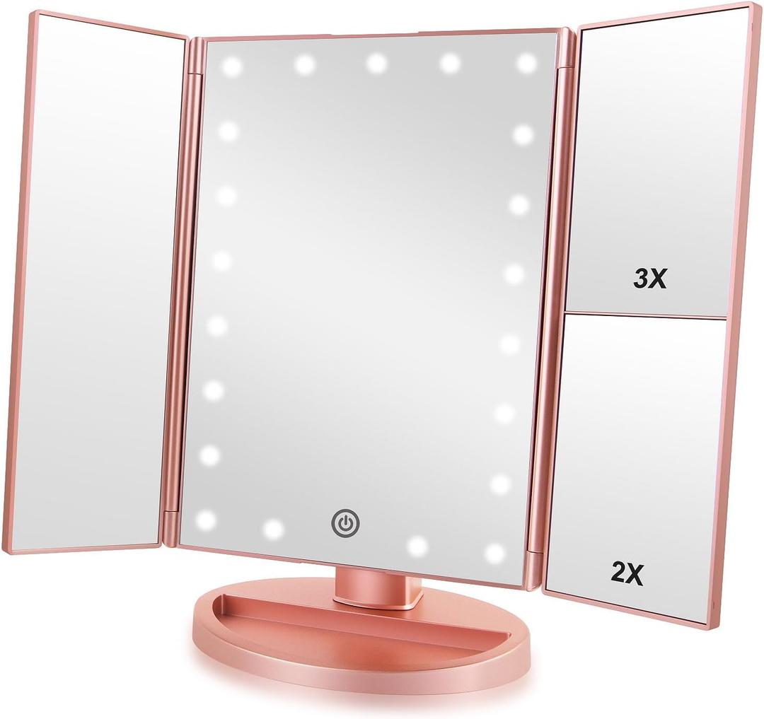 Infitrans Trifold Makeup Mirror Vanity Mirror with Lights,1X 2X 3X Magnification,Touch Control,Adjustable Rotation,Dual Power Supply,Portable Travel Cosmetic Mirror,Birthday Gifts for Women,Teengirls (Rose Gold)