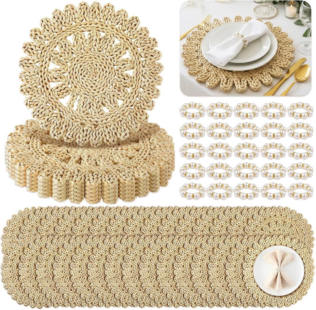 50 Pcs 13.8 Inch Corn Husk Woven Round Placemats Set with Pearl Napkin Rings, Flower Round Woven Placemats Set, Boho Farmhouse Rustic Chargers Mat Bulk for Wedding Party, Dinner Table, 14