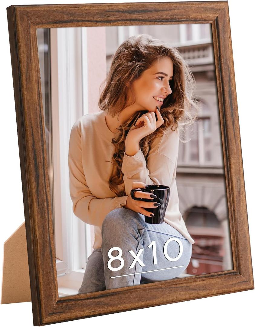 8x10 Wood Frames Set Brown, Natural Wooden 10x8in Picture Frames, Modern Golden 8 x 10inch Gallery Photo Pic Frame with HD Plexiglass, Horizontal Vertical Wall Mounting Tabletop Display 1Pcs