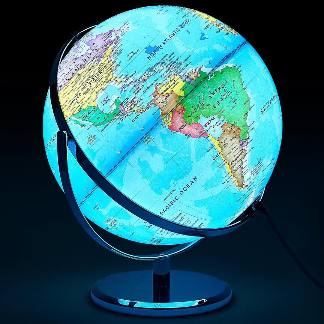 Amylove 13'' Illuminated World Globe for Adults 720/360 Rotation Rewritable Light Up Globe with Stand World Map for Interactive Learning Light with Base Lamp LED Decor(Metal,Practical)