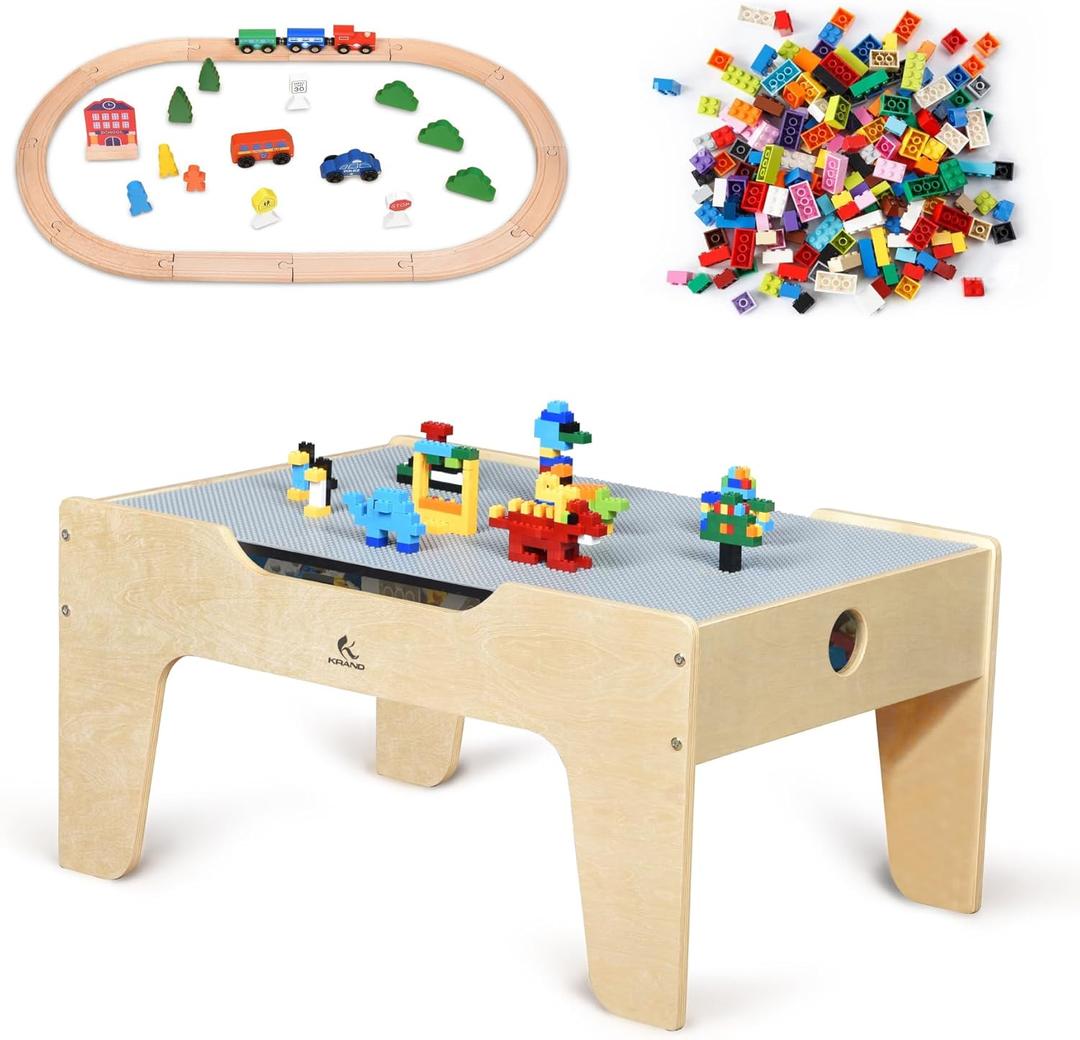 Kid's All-in-One Activity Play Table with 290 Building Bricks and 30-Piece Wooden Train Set Railway,Cars,Track and Accessories for Toddlers Boys and Girls Children's Toy Playset Game Desk