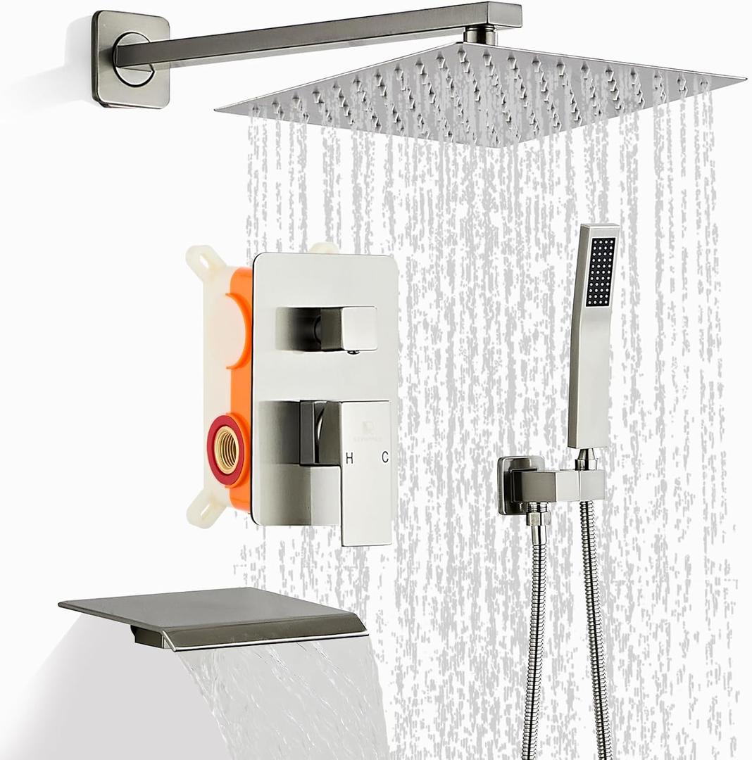 Brushed Nickel Rainfall Shower Head 8 Inch Set Faucet with Tub Spout and Handle System Square Wall Mount for Bathroom