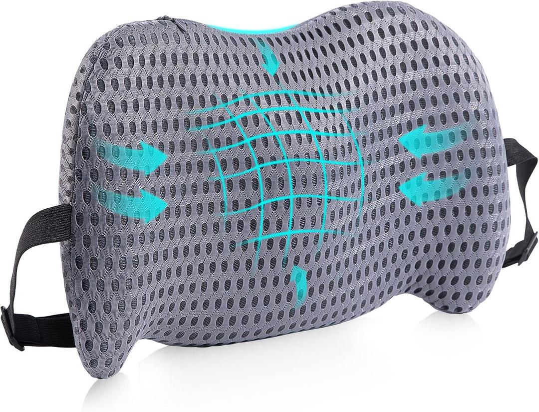 Lumbar Support Pillow for Office Chair, Car Lumbar Pillow Lower Back Pain Relief, Memory Foam Back Cushion with 4D Mesh Cover and Adjustable Straps, Ergonomic Chair Back Pillow for Car,Bed, Gaming (Grey)
