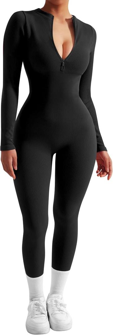 SUUKSESS Women Long Sleeve Ribbed Jumpsuit Zip up Front Workout Bodycon Romper (Large, 01 Black)