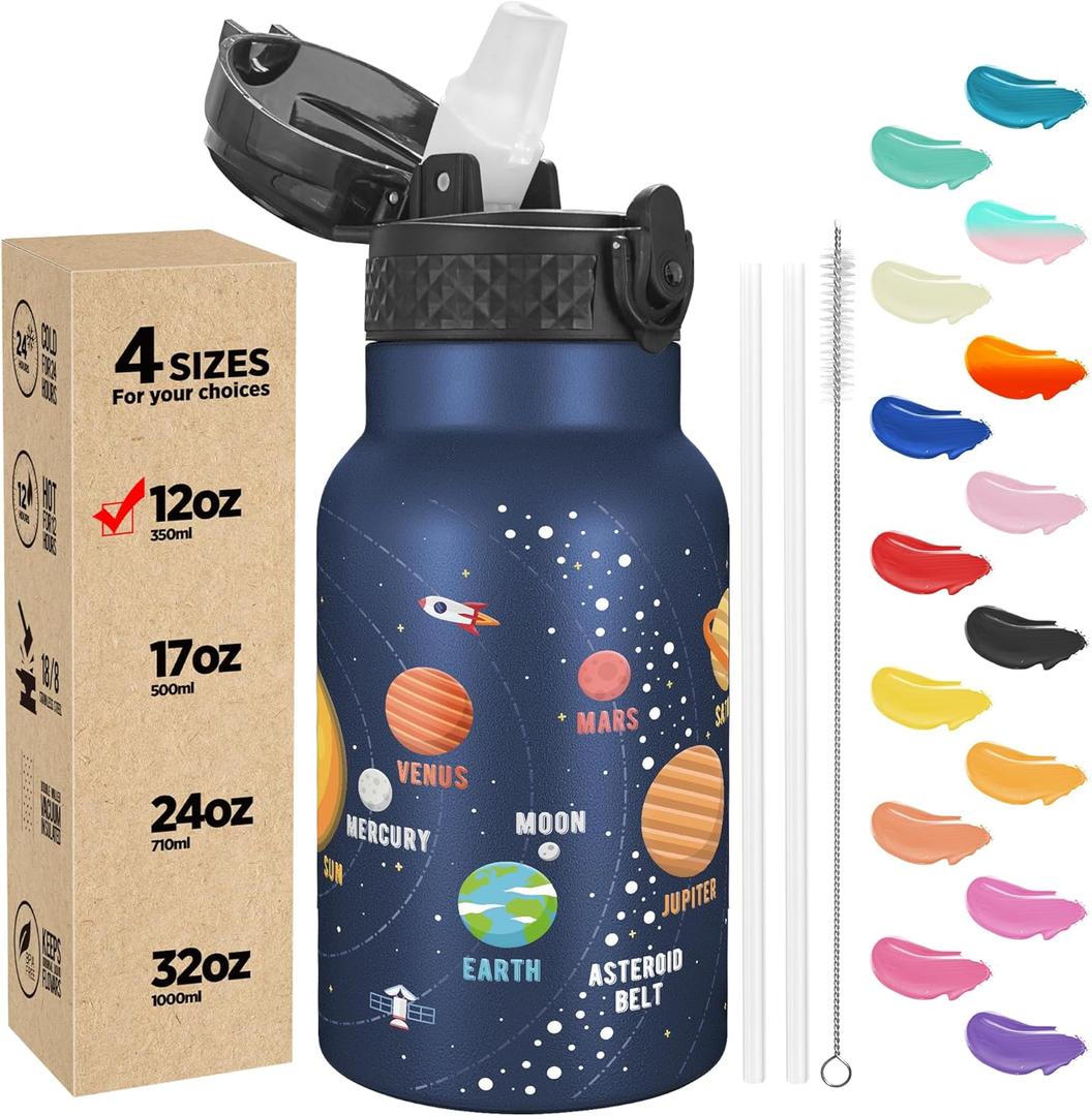 Han's Bottle Kids Water Bottle with Straw Lid - Insulated Stainless Steel Reusable Tumbler for Girls, Boys, Thermo Mug, 12oz,Space Planet