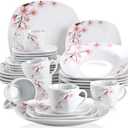 VEWEET 30 PCS Ceramic Dinnerware Sets for 6, Pink Floral Dish Set, ANNIE