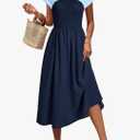 Wenrine Womens Casual Summer Midi Dress Smocked Cap Sleeve Crew Neck Color Block A Line Flowy Beach Dresses, S, Navy