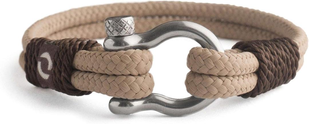 Mens Rope Bracelet - Stainless Steel Silver Shackle, Extremely Durable and Scratch Resistant Waterproof Paracord, Handmade, Nautical Wristband for Men (Beige)