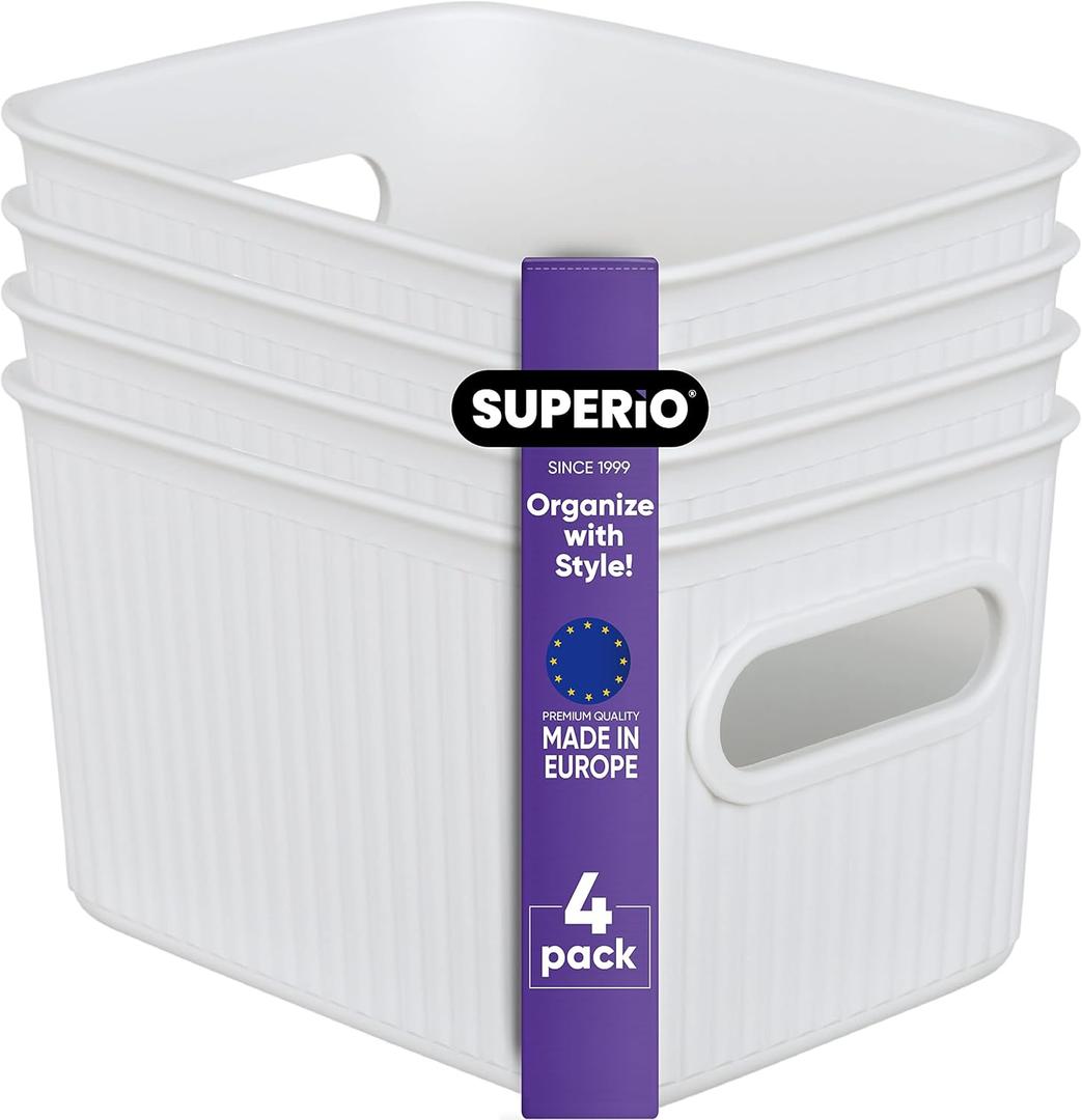 Superio Ribbed Collection - Decorative Plastic Open Home Storage Bins Organizer Baskets, Small White (4 Pack) Container Boxes for Organizing Closet Shelves Drawer Shelf 1.5 Liter (1.5 Liter (4 Pack))