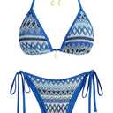 ZAFUL Women's Colorblock Stripes Triangle Halter Tied Cheeky Thong Bikini Set High Cut Two Piece Bathing Suit, M.