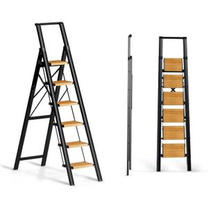 6 Step Ladder for 12 Ft High Ceiling, Folding Step Stool with Handgrip & Anti-Slip Wide Pedal, Portable Aluminum Stepladder for Kitchen, Home (300 lbs Capacity) - Black+Wood Grain