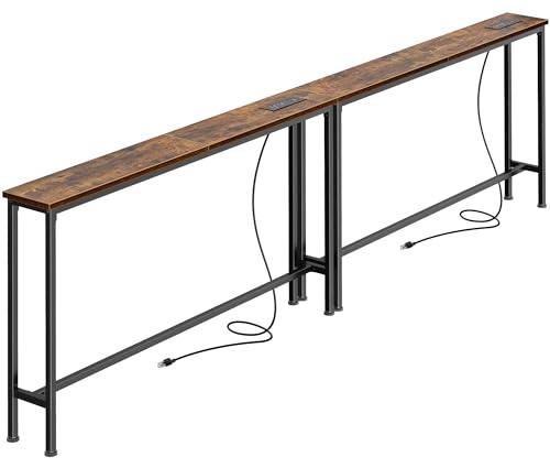 SUPERJARE 86.6 inch Narrow Console Table with Outlet, Sofa Tables, Behind Couch Table, Long Entryway Tables with Charging Station, for Living Room, Rustic Brown