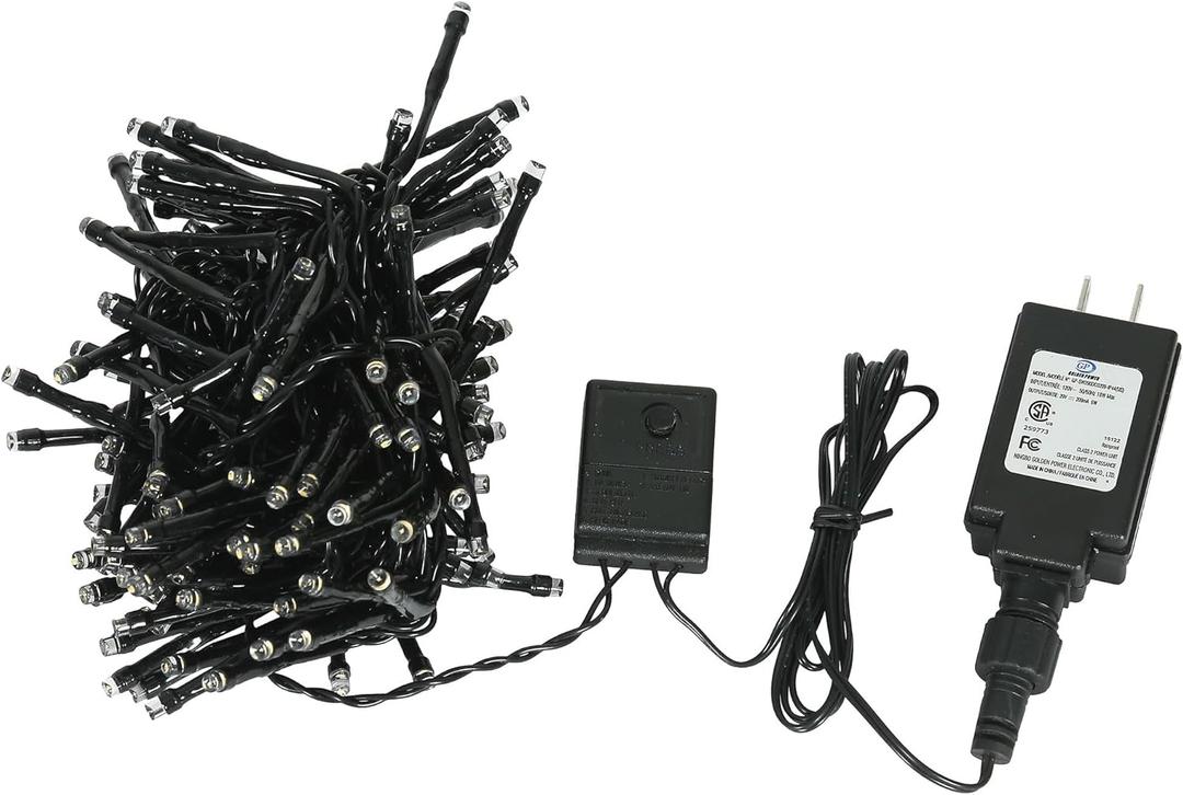 Vickerman 144Lt Warm White 2 Function Spider Set, 24' Long, 2" Bulb Spacing, Functions of Flashing and Steady On, Black Wire with 36" Lead, Uses CSA-Us 24Volt Power Adpater. Indoor/Outdoor use.