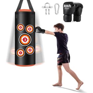 Hanging Punching Bag for Kids, 2FT PU Leather Kicking Bag with Boxing Bag Gloves, Heavy Bag Boxing Equipment for Training Karate Muay Thai Kick Taekwondo(Unfilled)