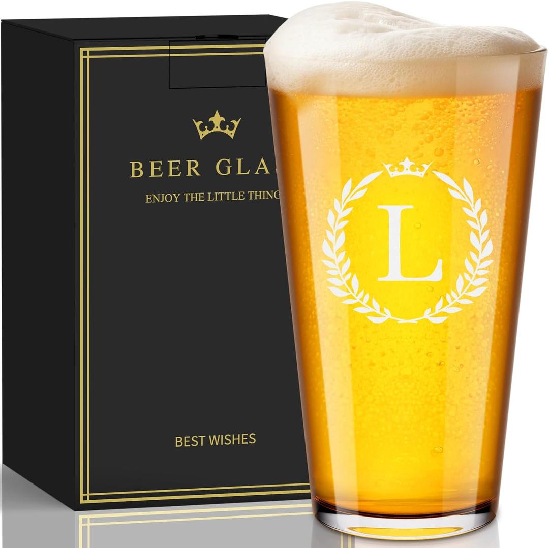 Fathers Day Birthday Gifts for Husband Dad Grandpa, Personalized Beer Glasses Gifts for Men, 16 oz Monogrammed A-Z Drinking Glass Cups, Birthday Gifts for Men Him Dad Brother Husband Grandpa (L)