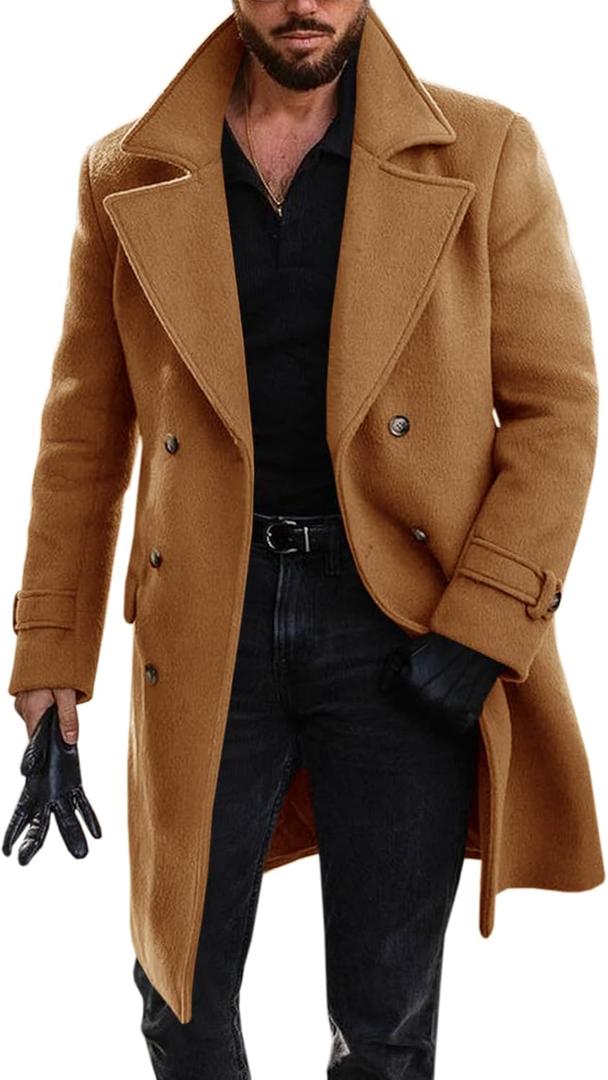 Runcati Mens Double Breasted Trench Coat Mid Long Jacket Notched Lapel Winter Chunky Warm Overcoat (XX-Large, Brown)