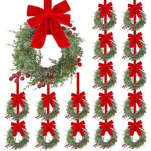 12 Pcs Small Christmas Wreaths Real Touch 9.8 Inch Mini Kitchen Cabinet Wreaths with Bow Ribbon, Artificial Cedar Greenery & Berries for Xmas Front Door Window Fireplace Farmhouse Holiday Decoration