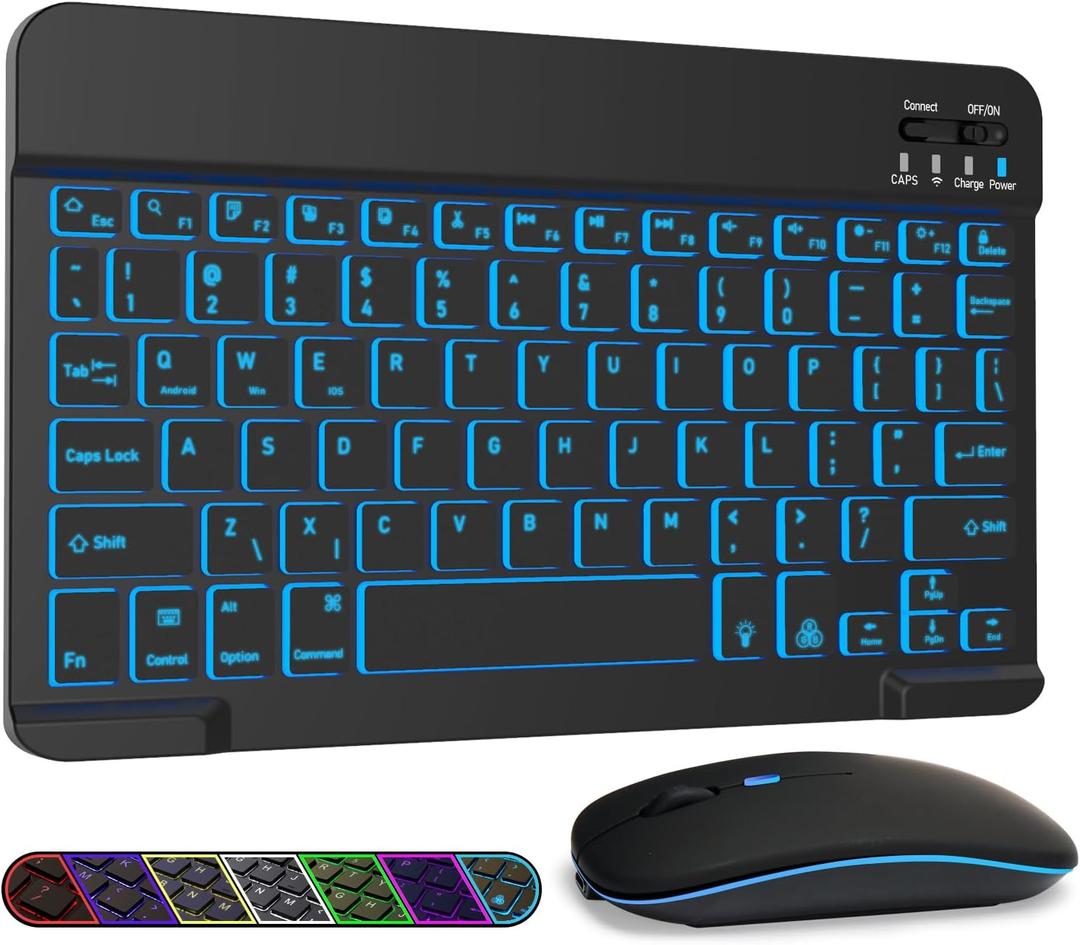 LAMA 7 Colors Backlit Bluetooth Keyboard and Mouse Combo for iPad Pro/Air/Mini, Ultra-Slim Rechargeable Wireless Keyboard and Mouse for iPhone 15/14/13 Pro/Samsung/Tablet/PC/Laptop/iOS/Windows/Android