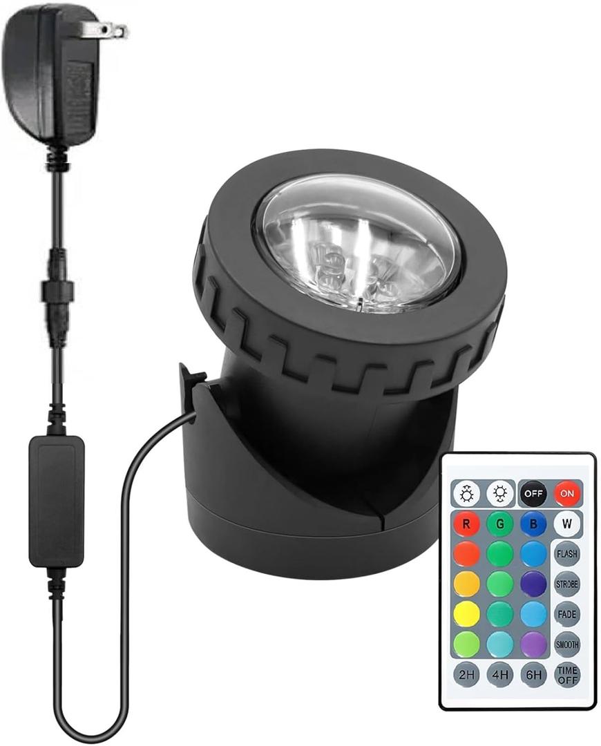 Colored Pond Lights with Timer, RGB Fountain Lights IP68 Waterproof Submersible Dimmable Outdoor Landscape Lights for Fish Tank Pond Fountain Garden, 1-Light