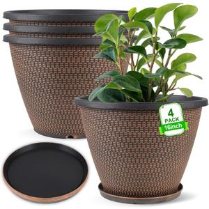 16 inch Plant Pots, Large Planters for Outdoor Plants Set of 4, Round Plastic Flower Pots with Drainage Holes & Trays, Modern Decorative Indoor Garden Pot, Plant Container for House (Black Copper)