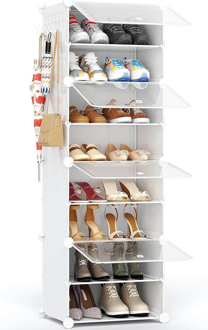 Shoe Storage,8 Tier Shoe Rack Organizer for Closet Shoe Cabinet with Door Shoe Shelves for Closet,Entryway,Hallway,Bedroom (Transparent Door-White)