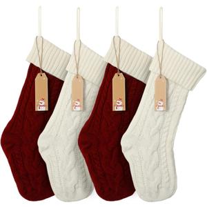 Personalized Christmas Stockings with Name Tags 22 Inch Extra Large Knit Stockings, Set of 4 Family Xmas Stockings for Fireplace Mantel, Custom Embroidered Stockings for Adults, Red White Multicolor