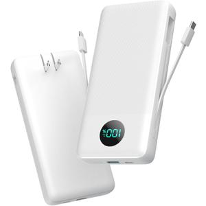 Portable Charger 33800mAh USB C Power Bank with Built-in Cables & AC Wall Plug,25W Fast Charging+QC 4.0 Phone Charger,4 Output LCD Display Battery Pack Compatible with iPhone16/15,Samsung,Android etc (white)