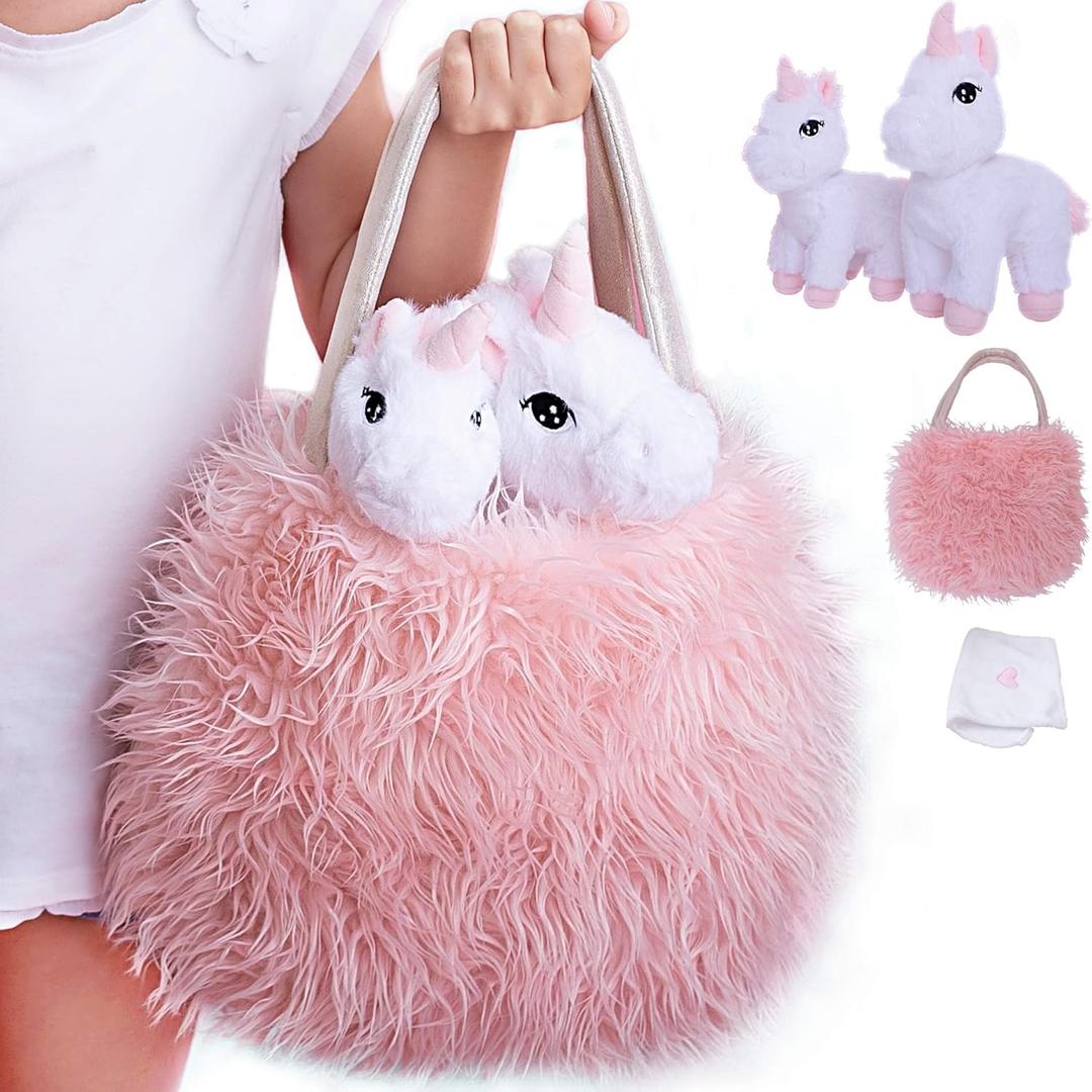 Unicorn Stuffed Animal for Girls 4 PCS Mommy and Baby Plush Unicorn Toy Set with XL Furry Purse and Doll Blanket Unicorn Gift for Girls Ages 3 4 5 6 7 Birthday Toddler Gift Christmas