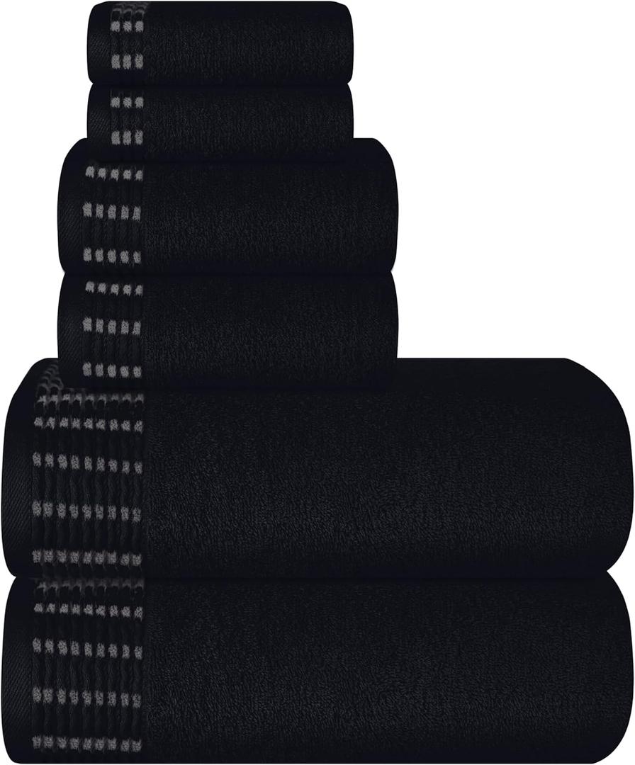 Ultra Soft 6 Pack Cotton Towel Set, Contains 2 Bath Towels 28x55 inch, 2 Hand Towels 16x24 inch & 2 Wash Coths 12x12 inch, Ideal Everyday use, Compact & Lightweight - Black