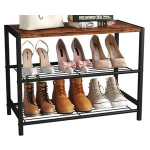 Yusong Shoe Rack Organizer, 3 Tier Industrial Shoe Storage Shelf for Closet Entryway, Narrow Sturdy Metal Shoe Shelves, Rustic Brown