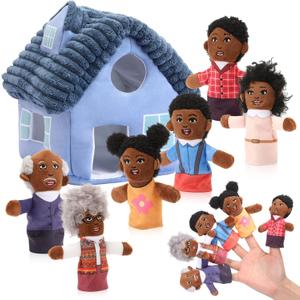 Skylety 7 Pcs African Family Finger Puppets with House Set for Toddlers Christmas Mini Soft Plush Finger Puppet Toys for Kids Boys Girls Story Playtime Role Playing Preschool Learning Birthday Gift