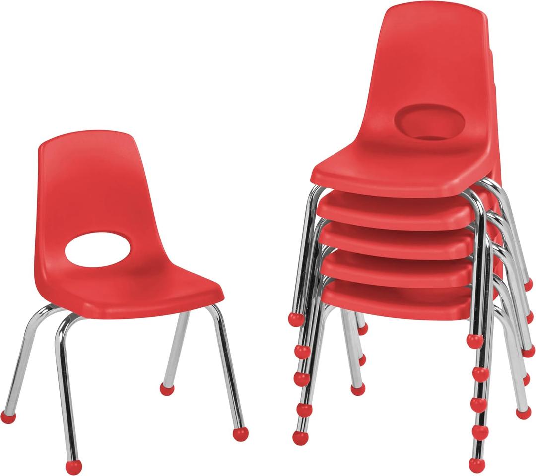 FDP 14" School Stack Chair, Stacking Student Seat with Chromed Steel Legs and Ball Glides For In-Home Learning or Classroom - Red (6-Pack), 10363-RD