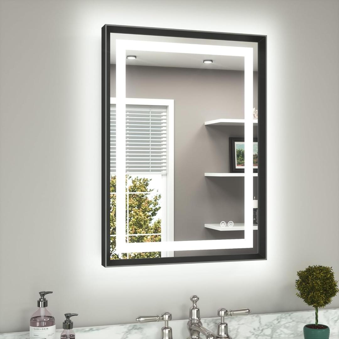 TETOTE 22 x 30 Bathroom LED Mirror Brushed Black Metal Frame Frontlit & Backlit Vanity Mirror Anti-Fog Stepless Dimmable 3 Colors White/Warm/Natural Mirror with Lights Wall-Mounted