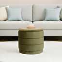 15.4" Round Velvet Storage Ottoman with Reversible Lid, Upholstered Circular Ottoman Footrest with Hidden Storage, Foldable Padded Footstool for Dorm Living Room & Bedroom, Olive Green