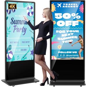 YCKJNB 65 inch Indoor Digital Signage, 4K UHD Touchscreen, CMS Software, LCD Screen IPS Floor Standing Digital Kiosks Interactive Displays with WiFi HDMI/USB Input Auto AD Player, Android OS Black
