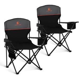 LET'S CAMP Camping Chair 2 Pack Folding Chair with 3-Can Cooler Bag Portable Lawn Chair with Cup Holder,Storage Pocket, Supports 225LBS, Collapsible Chair for Camp, Beach, Picnic (Black)