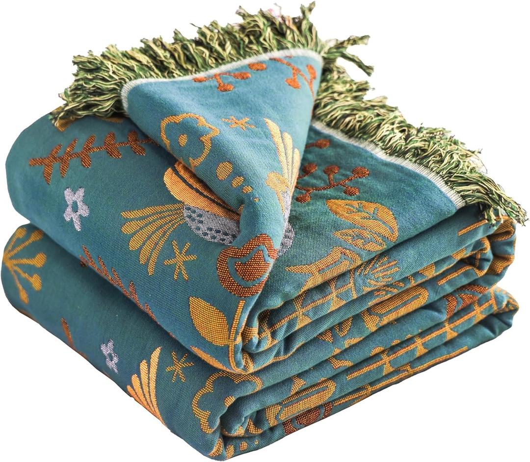 Boho Throw Blanket, 100% Organic Cotton Breathable Ultra Soft 50" x 60" Bed Quilt Throw - Floral Rustic Bird Farmhouse Decor Luxury Reversible Blanket for Sofa Couch Chair and Gift,Teal/Beige