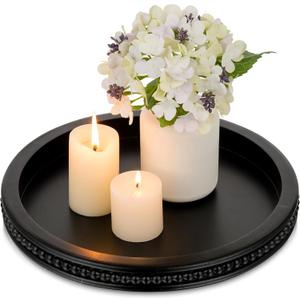 Hanobe Decorative Serving Tray Wood: Black Bead Round Tray for Coffee Table Rustic Wooden Trays Decor Farmhouse Kitchen Counter Circle Tray Vintage Centerpiece for Living Room Home Organizer (11.8")