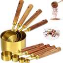 Measuring Cups and Spoons Set of 8, Wooden Handle with US Measurements, Dry & Liquid Ingredient Measuring Cup for Cooking and Baking, Golden Stainless Steel Measuring Cups